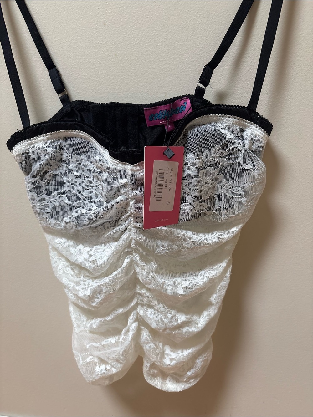 Edikted White Lace cropped cami with Black Trim